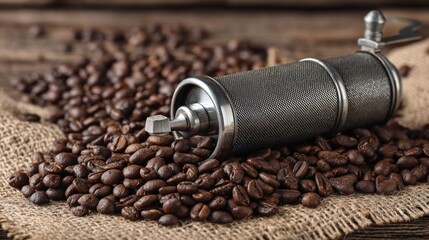 A vintage coffee grinder with coffee beans scattered around it on a rustic wooden table.