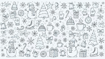 Hand drawn winter holiday doodle set with snowmen and Christmas trees.