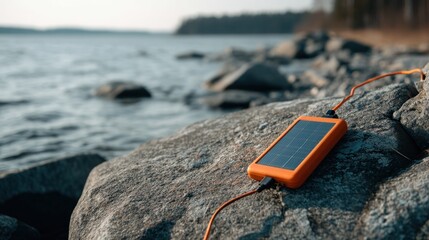 An orange solar-powered charger with a USB cable, placed on a rocky beach near the water.