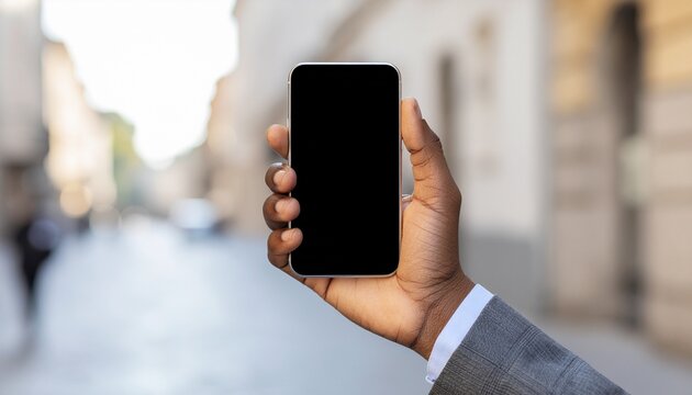 Close-up of a black male hand in a business suit holding a modern smartphone with a blank black screen outdoors in a city street, suitable for app or mobile mockups. - Powered by Adobe