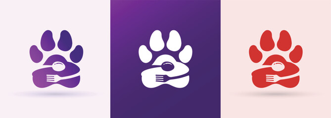 Paw print with spoon fork pet food veterinary clinic animal care friendly brand icon
