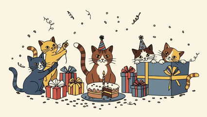 Group of cute cartoon cats celebrating a festive birthday party together.