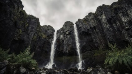 Obraz premium Dramatic Twin Waterfalls Cascading Down Dark Volcanic Cliffs Under Overcast Sky.