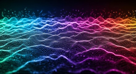 Abstract background of colorful particles forming a dynamic landscape with vibrant gradients, creating a modern and visually striking design with a futuristic feel