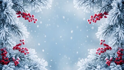 Winter wonderland snowy pine branches and red berries frame a soft blue background with falling snowflakes for holiday greetings