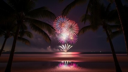 Spectacular fireworks illuminate the night sky over tropical beach waters, promising vibrant celebrations and unforgettable holiday memories during summer nights