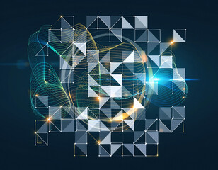 Abstract tech design with geometric shapes, glowing lines, and a dynamic composition. Conceptual image for technology, innovation, and future trends.
