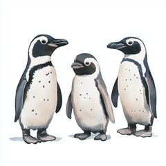 Naklejka premium Boulders Beach Penguins. Boulders Beach Penguins hand drawn watercolor illustration on white background