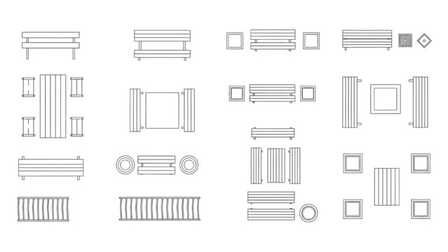 Conceptual collection of architectural furniture elements for modern indoor and outdoor layout planning in top view