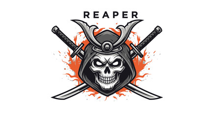 Fototapeta premium Skull wearing samurai helmet with crossed katana swords and fire
