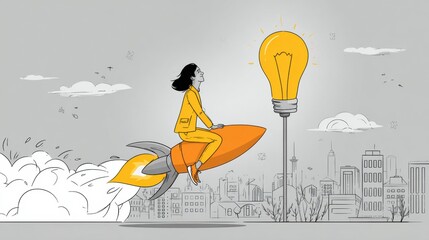 Confident Hipster Girl Rides a Yellow Rocket Powered by a Light Bulb, Chasing Her Dreams in 2026 in a Cityscape