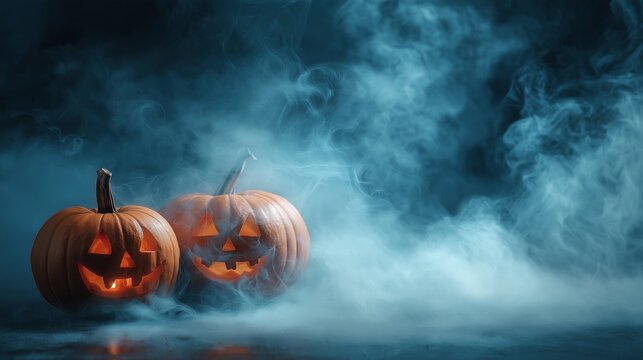 Spooky Jack-o'-Lanterns in Dark Fog and Smoke