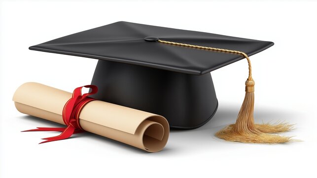 Black Graduation Cap with Gold Tassel and Rolled Diploma - Powered by Adobe
