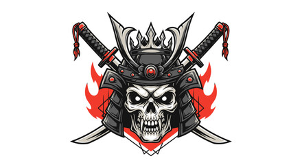 Fototapeta premium Fierce samurai skull with burning red flame background and crossed katanas