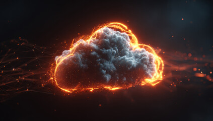 Glowing cloud render with orange particle effects and futuristic digital network aesthetic, illustrative design