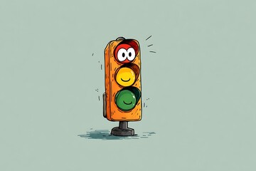Cartoon traffic light with playful facial expressions, set against a minimalist background, creating a whimsical and lighthearted illustration.