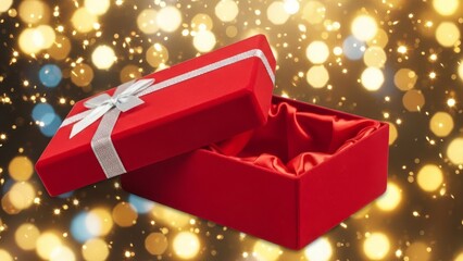 Unwrap the joy of giving with this elegant red velvet gift box shimmering under golden festive lights, ideal for celebrating special occasions and creating lasting memories