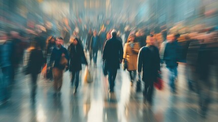 A vibrant scene shows many people walking briskly along a busy city street. Shoppers and commuters fill the area creating a lively atmosphere in the morning.