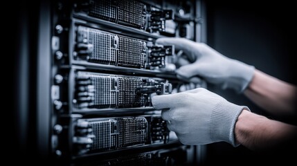 Technician with gloved hands installing server components into a rack
