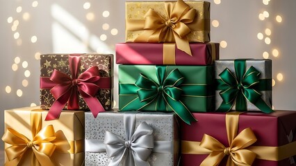 Wrapped gift boxes stacked in a festive holiday arrangement
