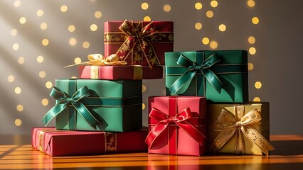 A stack of colorful gift boxes with ribbons in a festive setting