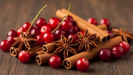 Fresh Cherries Cinnamon Sticks and Star Anise Composition