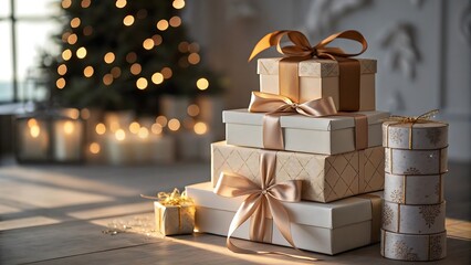 Stack of elegantly wrapped gift boxes with gold ribbons
