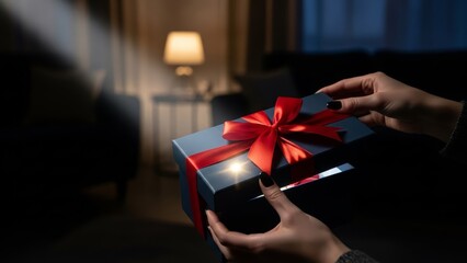 Unveiling a magical gift at home, the anticipation is building as she opens the box with a bright red ribbon, a special surprise awaits, creating a heartwarming and memorable moment