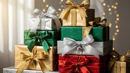 Stack of Wrapped Gifts with Colorful Ribbons Displayed