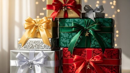 Wrapped gift boxes stacked with colorful ribbons for the holidays