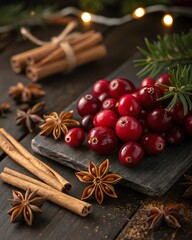 A cluster of ripe red cranberries with spices on wood surface