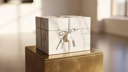 Elegant marble gift box with delicate ribbon and tag, perfect for birthdays and special occasions, creating a sense of luxury and anticipation, ideal for heartfelt moments