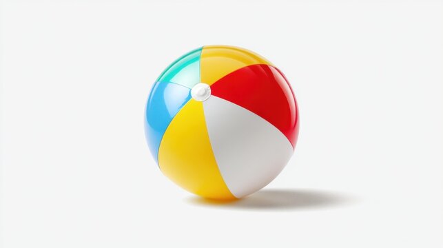 A vibrant beach ball with blue red yellow and white panels sits on a light surface. It seems eager for playful activities at the beach or poolside during warm weather.