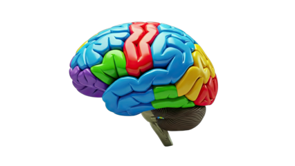 Brain Anatomy Model with Color-Coded Sections on White Background