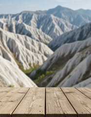 Product presentation background with wooden table against mountain backdrop