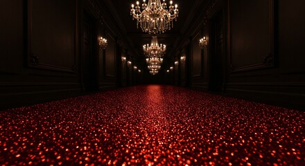 Dramatic Red Rose Petal Floor in Elegant Dark Hallway with Crystal Chandeliers Lighting
