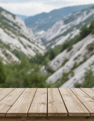Product presentation background with wooden table against mountain backdrop