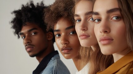 Diverse group portrait, studio shot, serious expressions, fashion, advertising