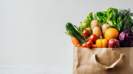 A paper bag is filled with fresh fruits and vegetables including carrots tomatoes lettuce and oranges. This collection showcases healthy ingredients perfect for cooking.