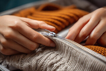 Suitcase packing becomes messy as hands struggle to close zipper over bulky knitwear and cozy sweaters, creating sense of travel preparation and mild frustration