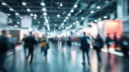 Fototapeta premium Many people are seen walking around a busy exhibition hall engaged in conversations and networking. The atmosphere is lively filled with excitement and energy during the event.