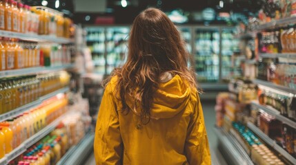 A person wearing a bright yellow jacket stands in a grocery store looking down the aisles lined with colorful drinks and snack items. The atmosphere is busy and inviting showcasing various products.