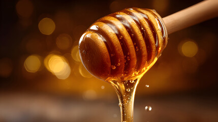 Golden honey dripping from a wooden dipper spoon