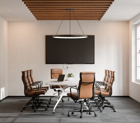 Modern Conference Room with Minimalist Furniture and Large Display Screen - 3d Render
