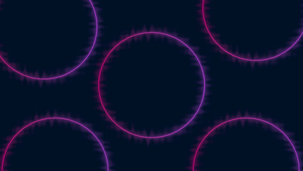 Multiple neon circles in magenta to purple tones with wave glow distortion, scattered on a dark background. Futuristic cyber visual pattern design.