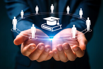 Online Education and Knowledge Network Concept with Graduation Cap and Connected People Icons in Hands