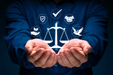 Justice and Ethics Concept with Glowing Balance Scales and Compliance Icons in Open Hands