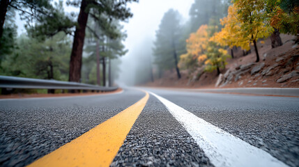 Foggy road with poor visibility autumn forest yellow line white line asphalt curve misty peaceful morning nature