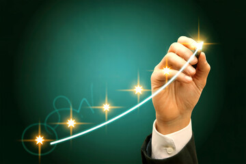 Business Growth Concept with Hand Drawing Glowing Upward Trend Line on Green Background