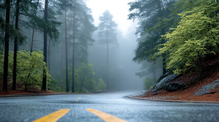 Foggy road with poor visibility, wet asphalt, surrounded by pine trees and lush green forest, peaceful and mysterious atmosphere